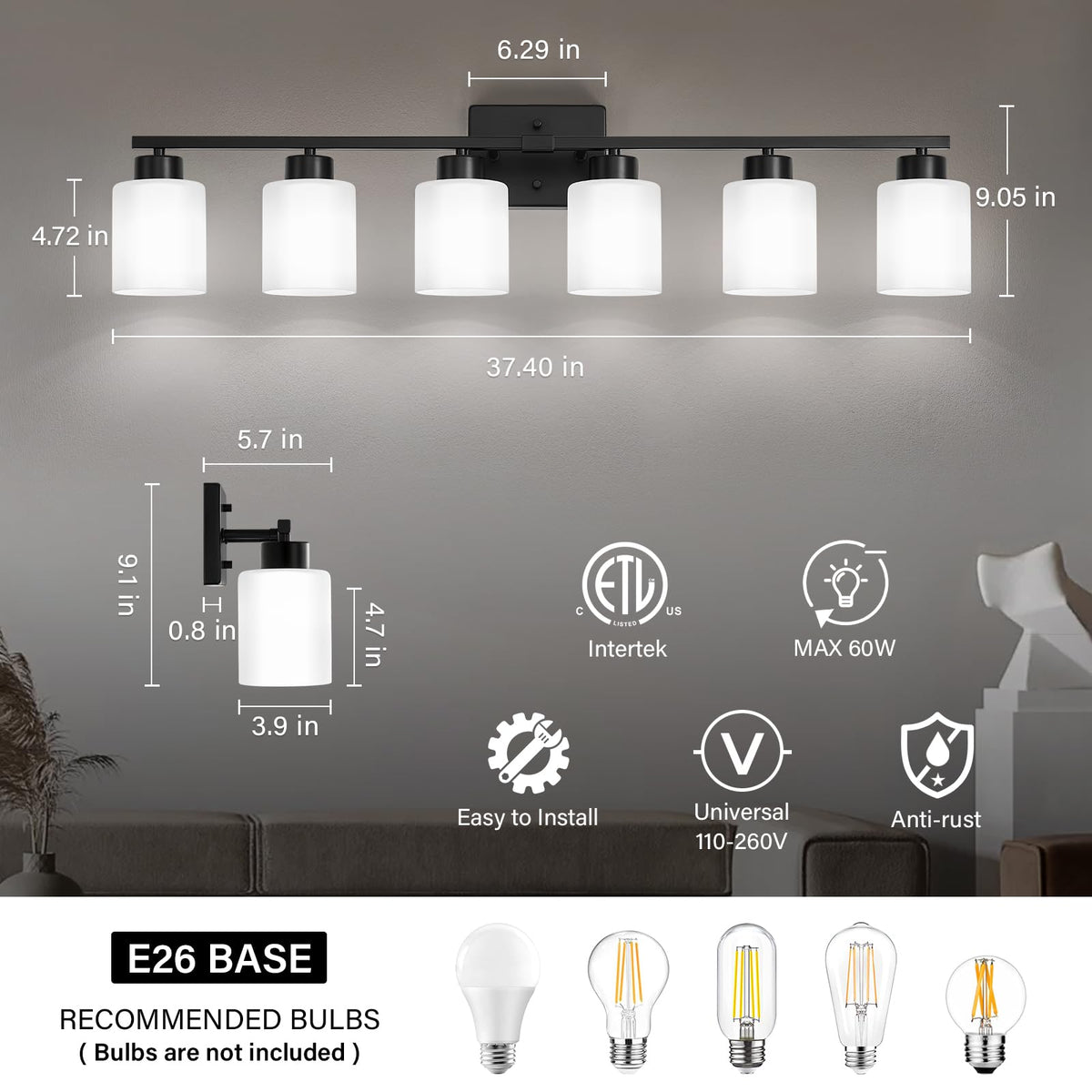 Black Bathroom Light Fixtures Vanity Lights Over Mirror (Black / 37.40 inch)