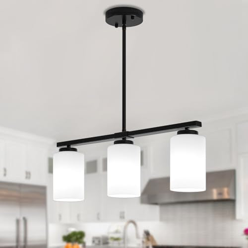 Modern Island Lights for Kitchen Black Chandelier Dining Room Light Fixture (3-Light White Glass)