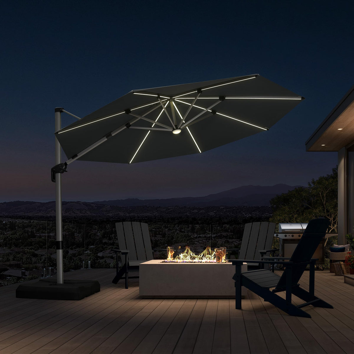 Cantilever Patio Umbrella 11ft Round Solar LED Light (Grey / 11 Feet)