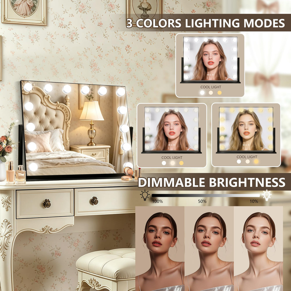 Black Hollywood Vanity Mirror with Lights (Black / 22"L x 17"W)