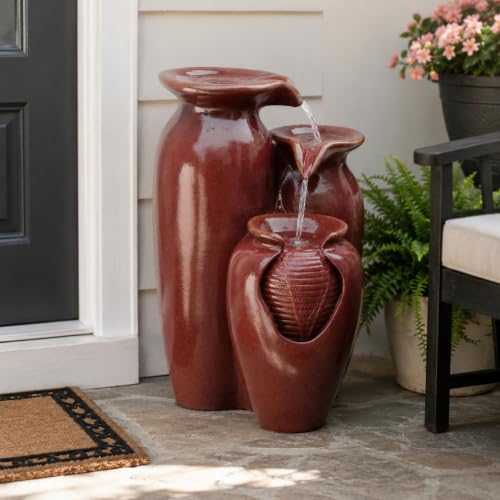 Jar 3 Tiered Floor Waterfall Fountain with Pump for Outdoor Patio Garden Backyard Decking (Vintage Red)