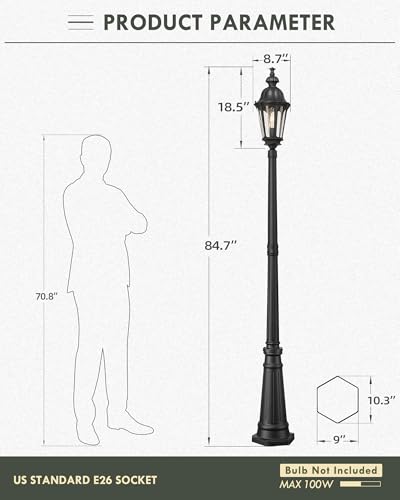 HWH Outdoor Pole Lights with Post 85'' Aluminum Lamp Post Light Fixtures with Seeded Glass