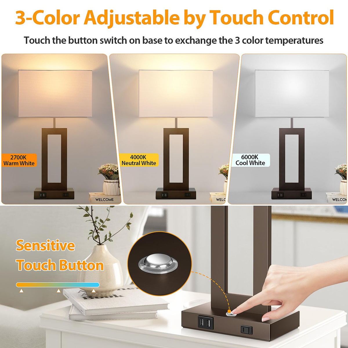 3 Color Temperatures Brown Table Lamps for Bedrooms Set of 2 (Brown / Large)