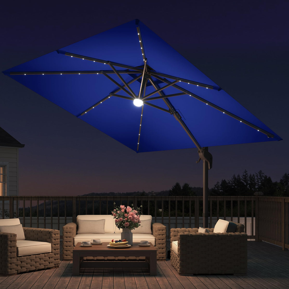 9x9 FT Cantilever Offset Patio Umbrella with Lights & Base (Navy)