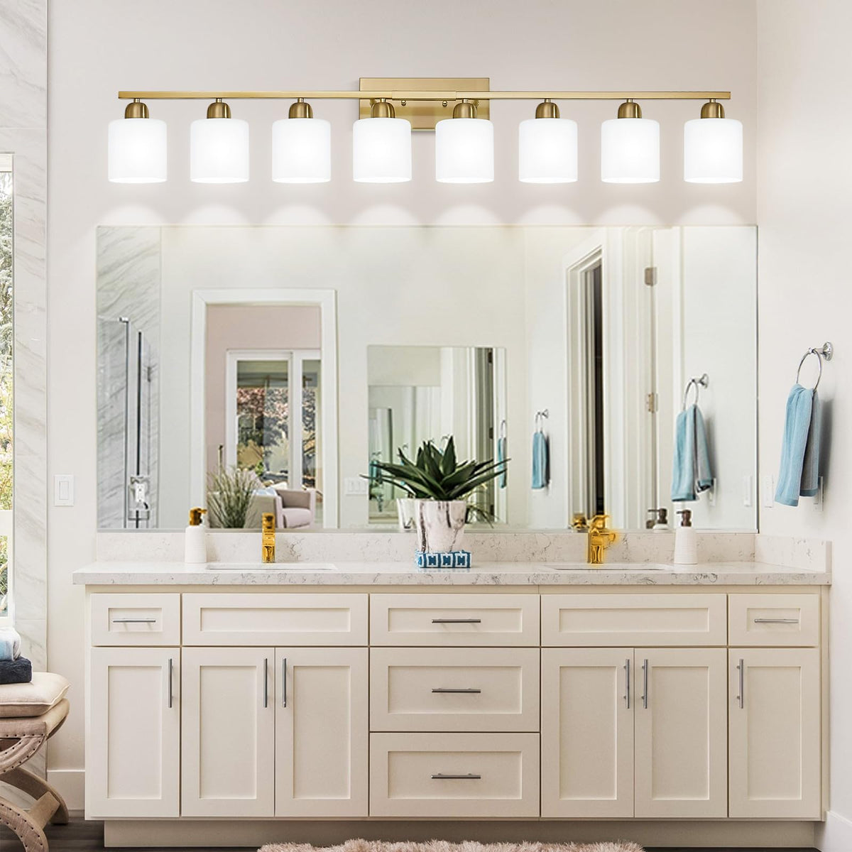 8 Light Bathroom Light Fixtures Gold for Big Mirror (Gold & Milky White Glass / 8-Light)