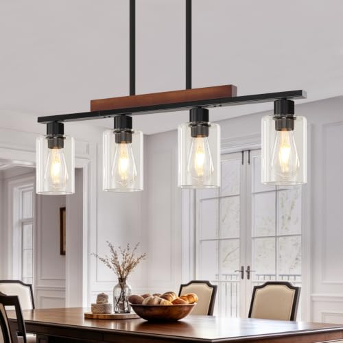 Farmhouse Island Lights for Kitchen Black Dining Room Light Fixtures Over Table with White Shade Wood Linear Chandelier Lighting with Adjustable for Kitchen Island Dining Room