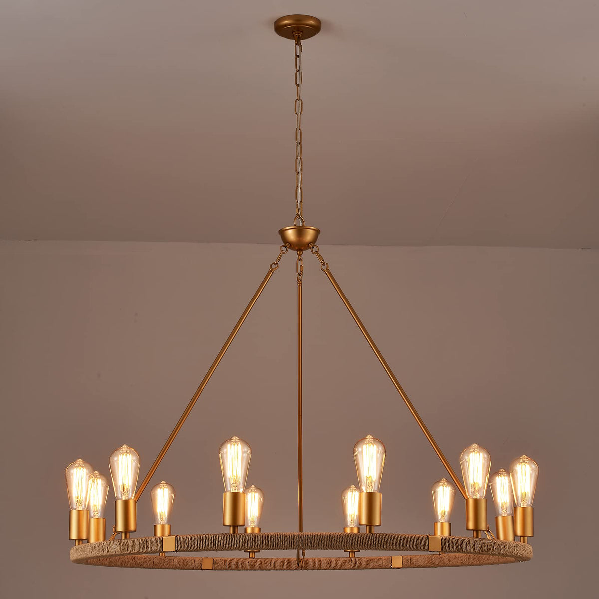 12 Lights Wagon Wheel Chandelier Bohemia Hand Woven Rattan Chandelier Farmhouse Large Pendant Light for High Ceilings Living Room Dining Room (Brass)