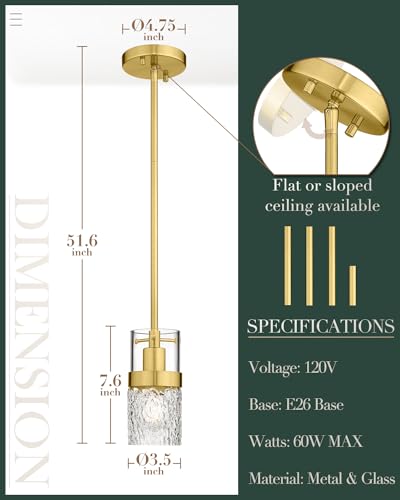 Gold Pendant Light (Gold -Hammered Glass / 3.5" Hammered Glass, 1-Light)