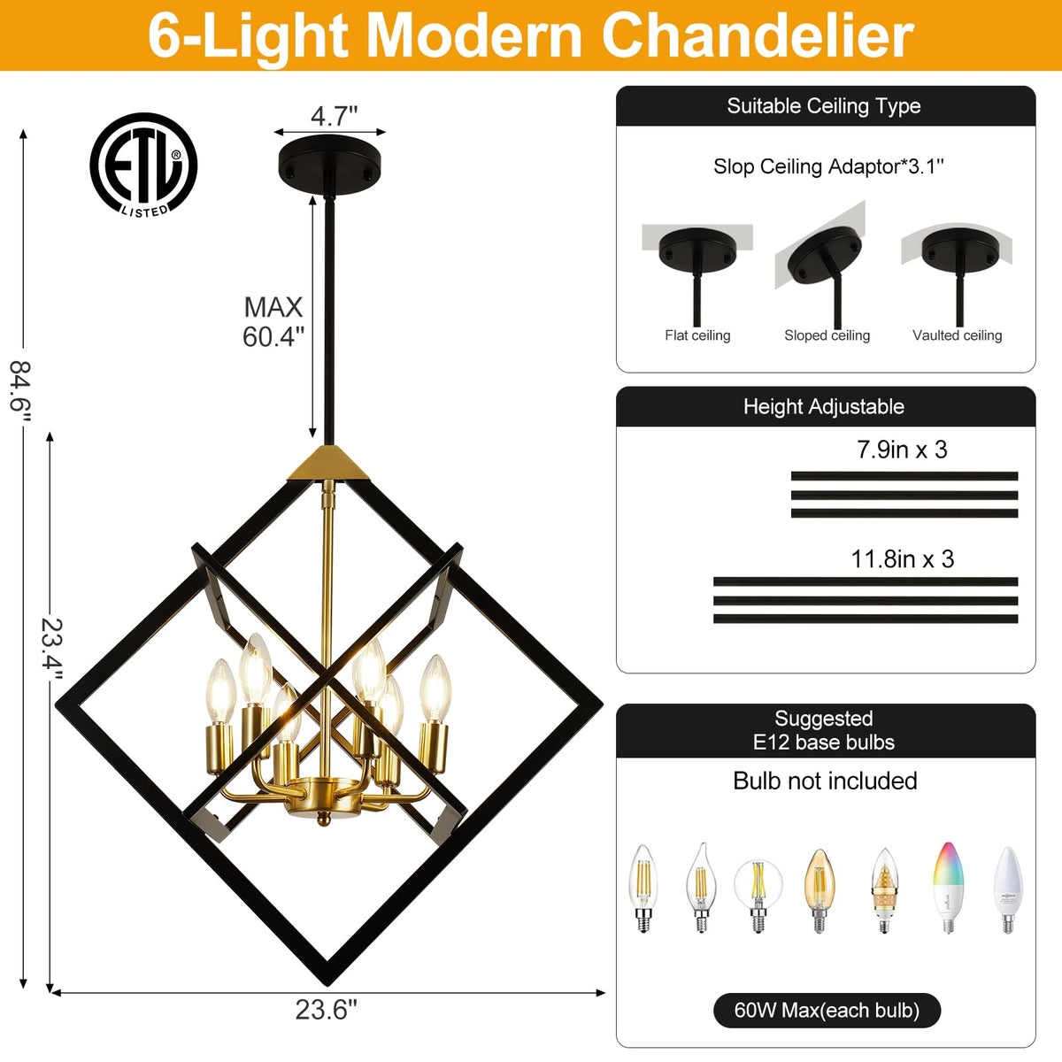 24" Modern Black and Gold Chandelier (Black and Gold-24"(No Assembly Required) / 6-Light)