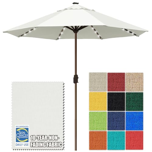 USA 10-Year-Non-Fading 10ft Market Patio Umbrella, Commercial Grade Table Sun Umbrella with 80 Solar LED Lights, Crank Open, Windproof & UPF 50+ UV Protection for Garden, Deck, Pool, Backyard, No Tilt, White (White / 10FT(Single Vent No Tilt))