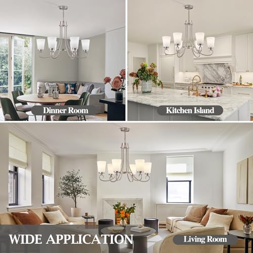 Brushed Nickel Farmhouse Chandelier Rustic Dinner Room Chandelier with Frosted Milky White Glass Lampshade Silver Durable Metal Ceiling Hanging Light Fixture for Kitchen Island Living Room Over Table (Brushed nickel -A)