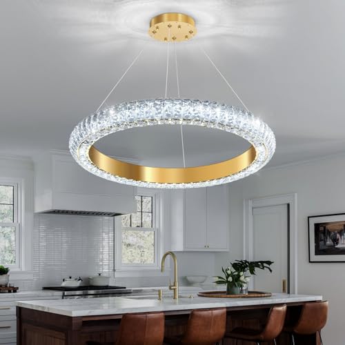 24" Ring Modern LED Dimmable Crystal Chandelier Adjustable Height Pendant Light Round Crystal Chandelier Light Fixtures for Dining Room Living Room Kitchen Island Gold (Gold / 1 Ring Round 24")