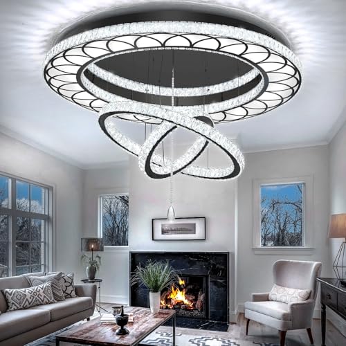 W40'' Modern Chandeliers for Living Room Large Crystal Chandelier Flush Mount Crystal Ceiling Light LED Dimmable Pendant Light for Hallway Entryway Foyer Black (Black / W:40inches)