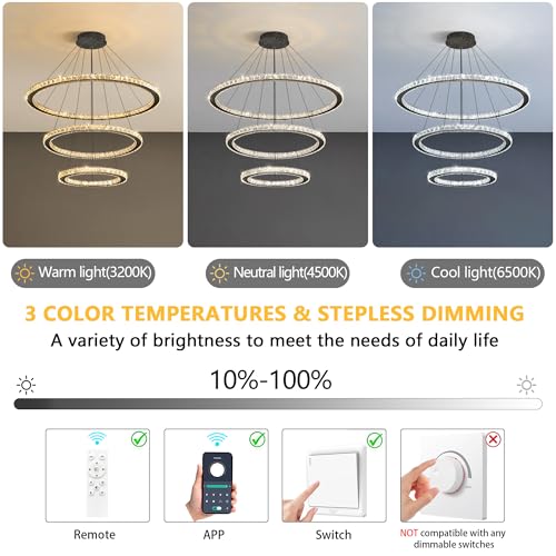 Crystal Chandelier Modern Dimmable LED Ceiling Light Fixture with Remote 3 Rings Stainless Steel Pendant Lighting for Living Room Dining Room Foyer Black (Black / 3-Ring 32")