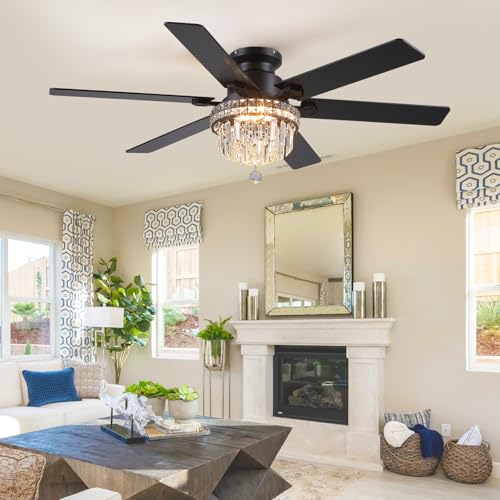 52" Low Profile Crystal Ceiling Fans with LED Lights and Remote (Black-52IN-8341)