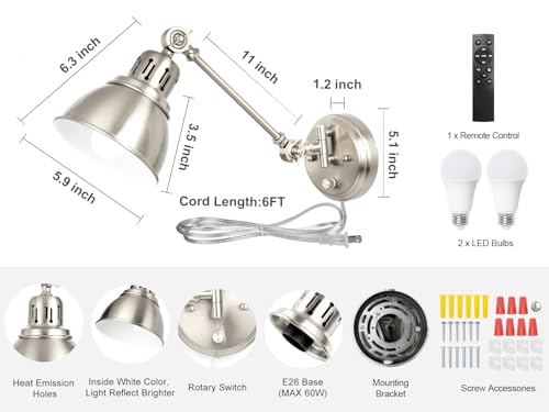 2 Pack Plug in Wall Sconces with Remote Control (Brushed Nickel-2 PACK(Bulbs+Remote))