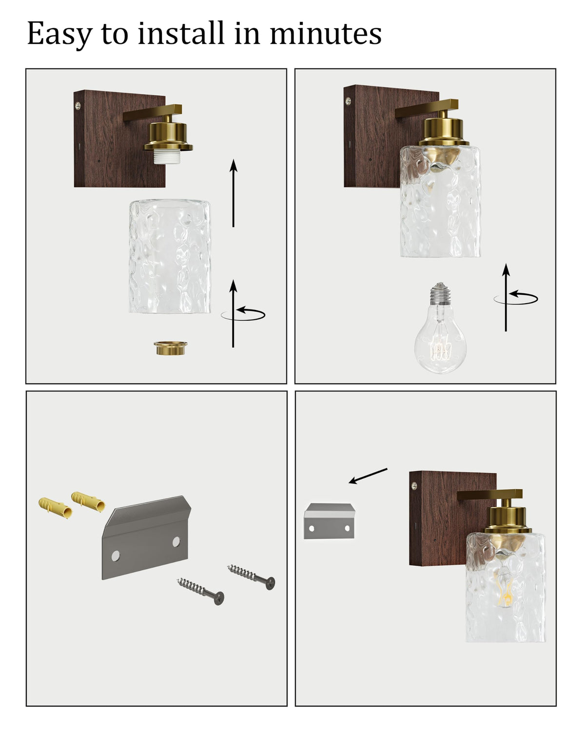 Hammered Glass Battery Operated Wall Sconces Set of Two Gold & Walnut (Gold Walnut(Clear Hammered Lampshades))