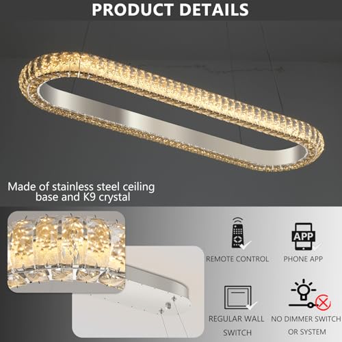 40'' Oval Ring Crystal Chandelier Modern LED Dimmable Ring Pendant Light Chandelier for Dining Room Living Room Silver (Silver / 1 Ring Oval 40")