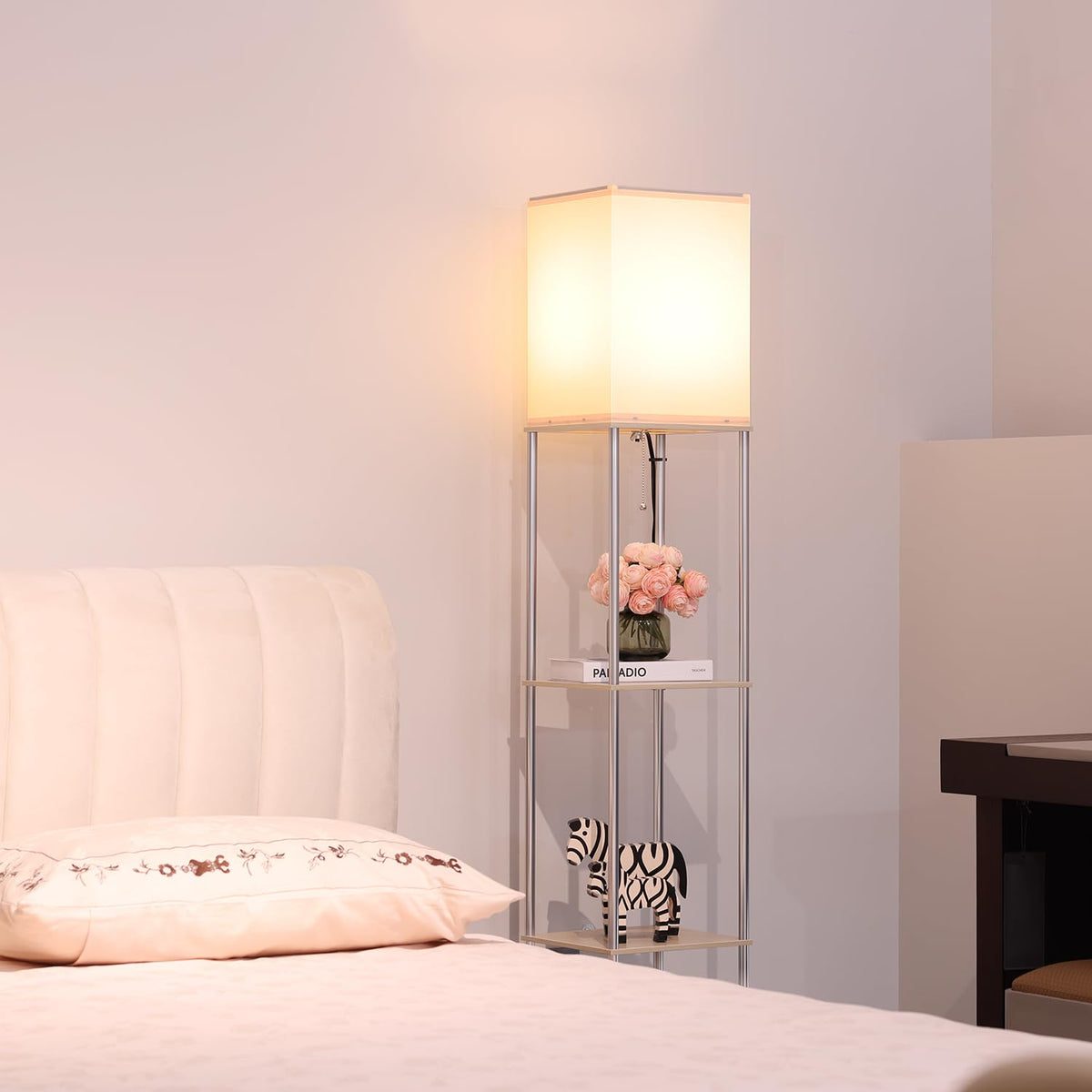 Floor Lamp with Shelves (Beige+Bright Silver-1 Pack)