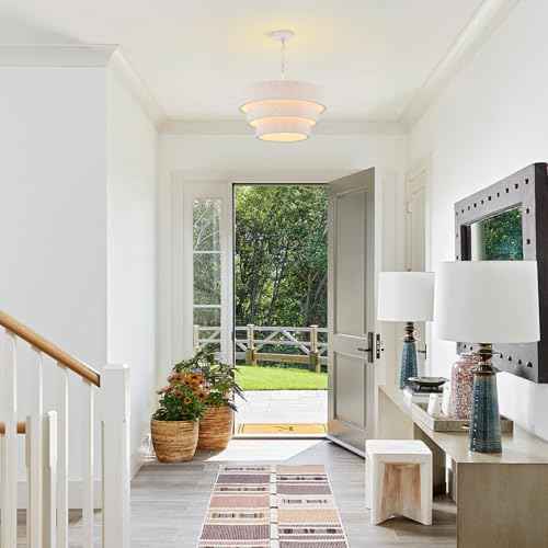 20” Boho Hand Woven Rattan Chandelier 3 Round Adjustable Coastal Pendant Light for Kitchen Island Dining Living Room (White-3 Round)