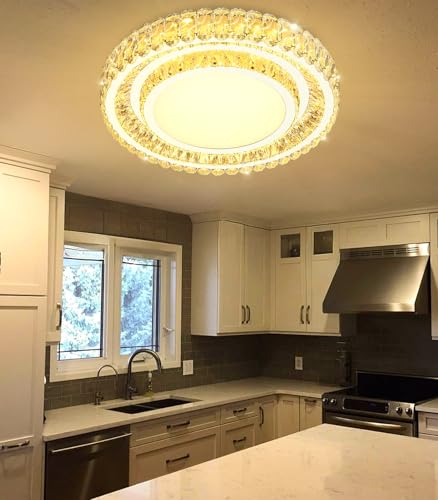 23.6" Dimmable Crystal Chandelier Modern LED Flush Mount Ceiling Light Fixtures for Living Room Bedroom Hallway Kitchen Island Staircase Silver (23.6" Silver)