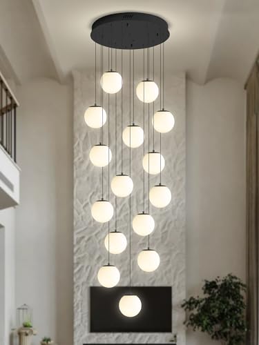 15 Light Black Chandelier with White Globe Glass Dimmable Ceiling Light Glass Pendant Light for Kitchen Island (Black-White / Globe 15-Light)