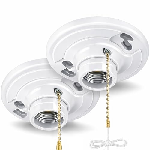 2 Pack) Pull Chain Plastic Lamp Holder, Medium Base E26 Ceiling Light Socket, One-Piece Outlet Box Mount, 660W UL Listed, Light Socket for LED & Incandescent Bulbs, Utility Lamp Socket Replacement (Plastic Pull Chain)