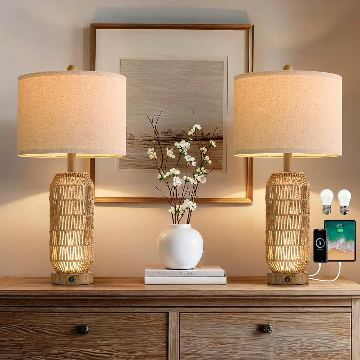 25" Table Lamps Set of 2 with Night Light (Wood-Grain)