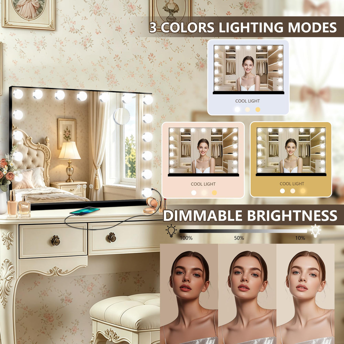 Black Hollywood Vanity Mirror with Lights (Black / 28"L x 20"W)