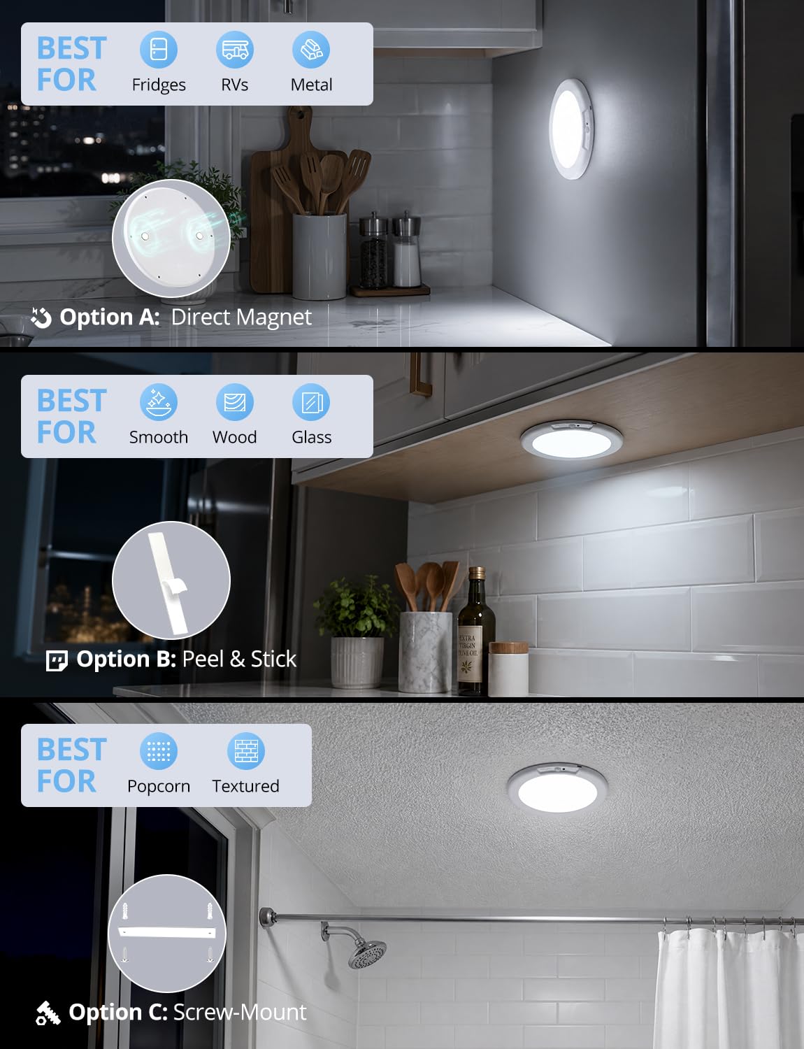 Rechargeable Shower Light Inside Waterproof Battery Operated (3CCT-White / 1 Pack)