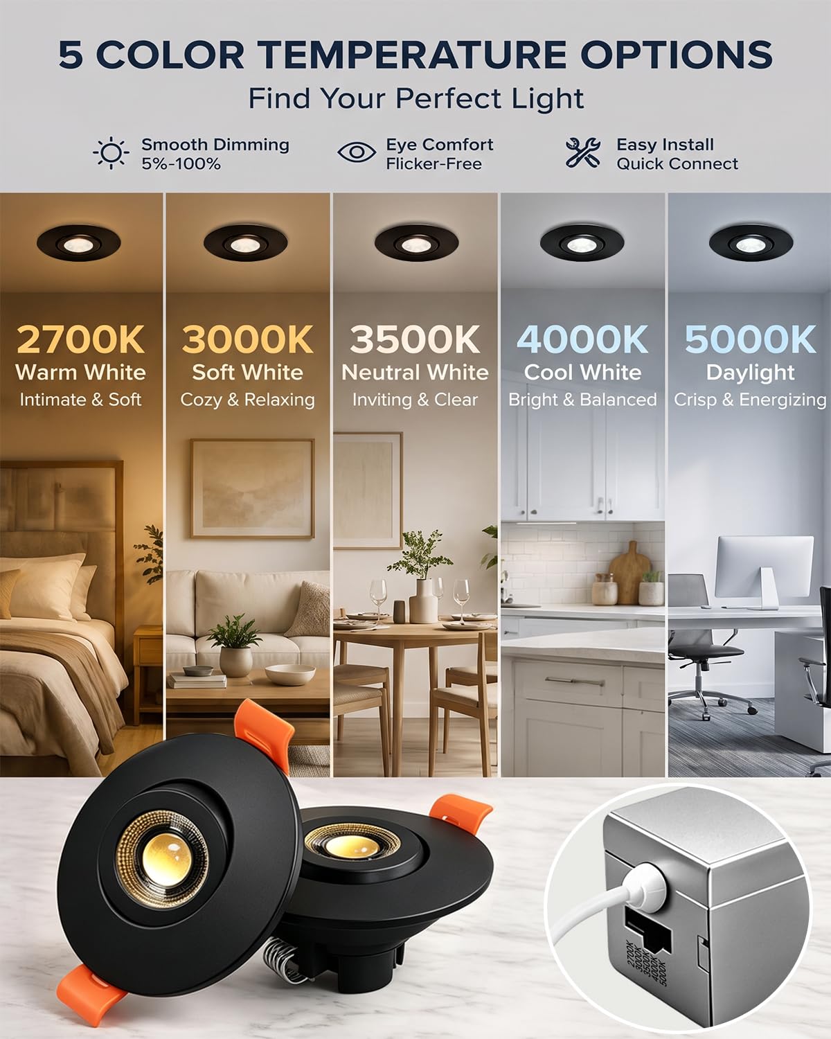 2 inch 5CCT Gimbal Led Recessed Lights (Black 5CCT / 2in 12pack)