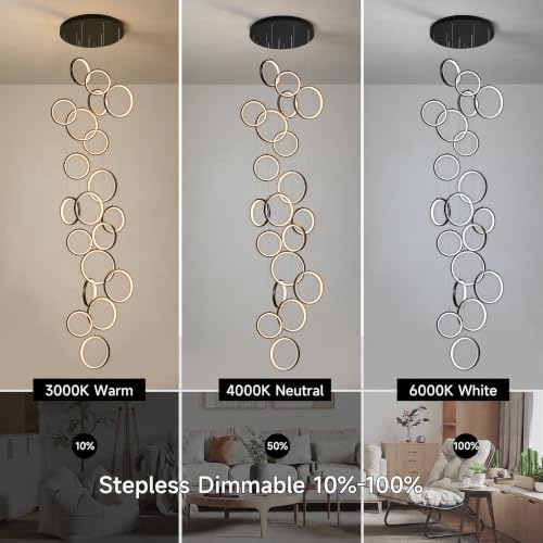 Modern 20 Ring Black LED Chandelier for High Ceilings (Black/20-Lights(circle,dimmable))