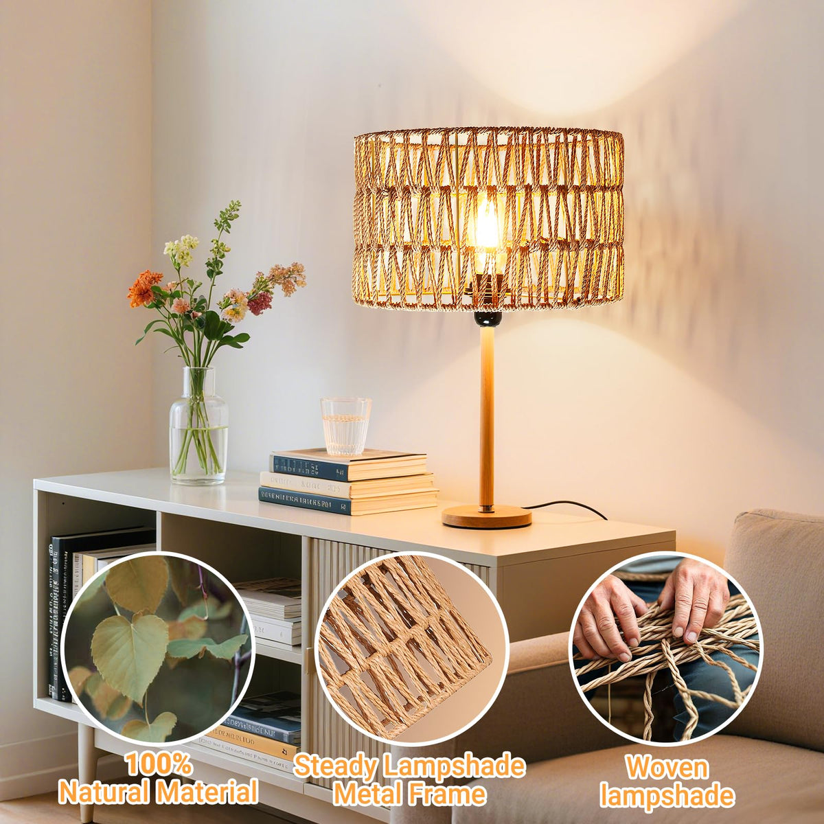 Hanging Light Boho Lamp Shades Small Lamp Shades for Table Lamps Vintage Rattan Lampshade for Hanging Lamp Wall Sconce Floor Lamp Woven LampShades for Living Room Decor Pendant Light (12.6 Inch-Cylindrical Shade)