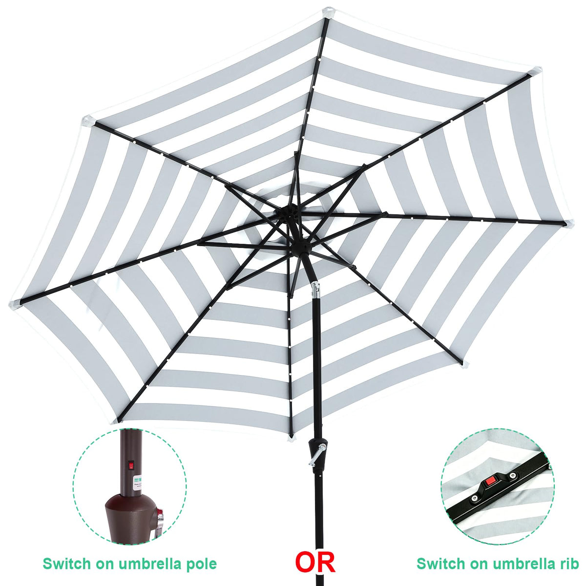 9' Patio Umbrella with Solar Lights (9 ft / Black & White Stripe)