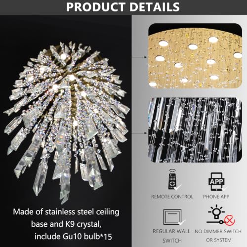 D40'' x H120'' Crystal Chandelier High Ceiling Chandeliers for Entryway Large Raindrop Chandeliers LED Dimmable Flush Mount Light Fixtures for Staircaes Foyer Hallway Living Room Bulbs Included Gold (D40'' x H120'' Gold)