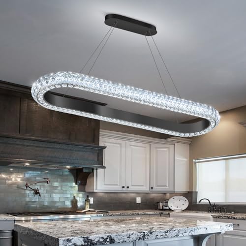40'' Oval Ring Crystal Chandelier Modern LED Dimmable Ring Pendant Light Chandelier for Dining Room Living Room Black (Black / 1 Ring Oval 40")