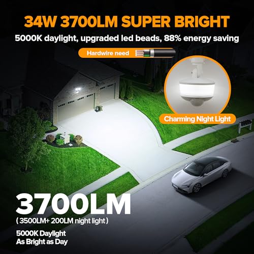 34W 3700 Lumen LED Security Light Motion Sensor Outdoor Lights with Night Light (White / 1 Pcs)
