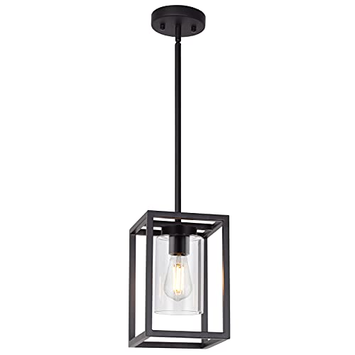 1 Light Farmhouse Pendant Lighting Black Cage Chandelier Glass Shade Contemporary Modern Kitchen Island Lights Fixtures Ceiling Hanging Dining Room Living Room (Black / 1 Light)