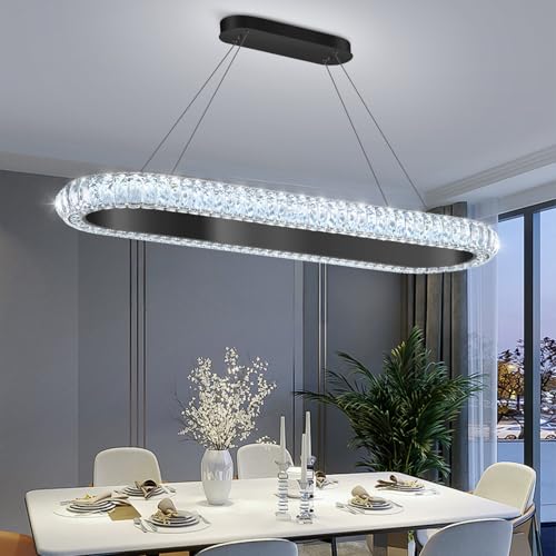40'' Oval Ring Crystal Chandelier Modern LED Dimmable Ring Pendant Light Chandelier for Dining Room Living Room Black (Black / 1 Ring Oval 40")