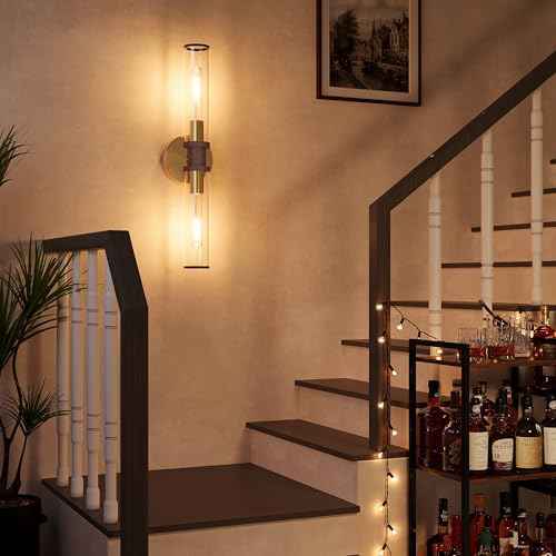 Gold & Walnut Wireless Battery Operated Wall Sconces with Remote (Gold & Walnut(Clear Tubular Lampshade) / 2 Pack)