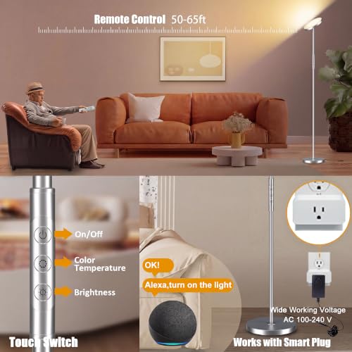 Floor Lamp Upgraded 40W 4000LM Super Bright Torchiere LED Floor Lamps for Living Room (Brushed Nickel)