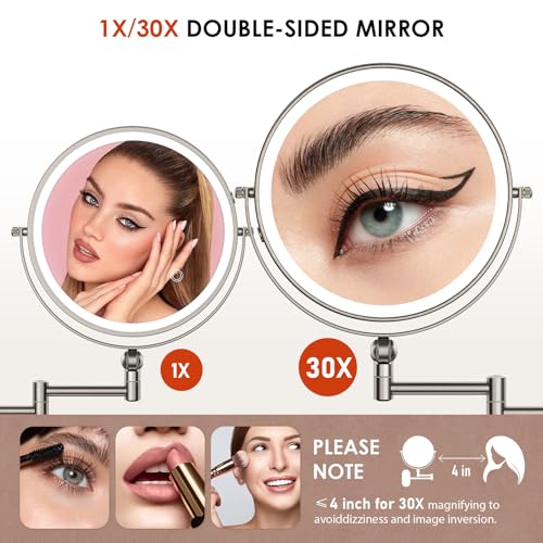 9" Wall Mounted Lighted Makeup Mirror (4000mah-9inch-30x-nickel)