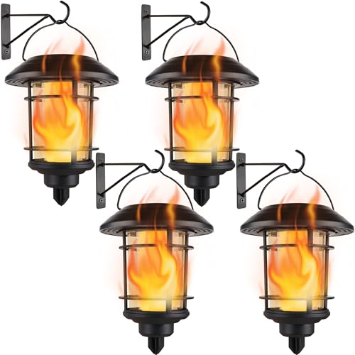 4 Pack Solar Flame Wall Lanterns Outdoor (Flickering Flame)