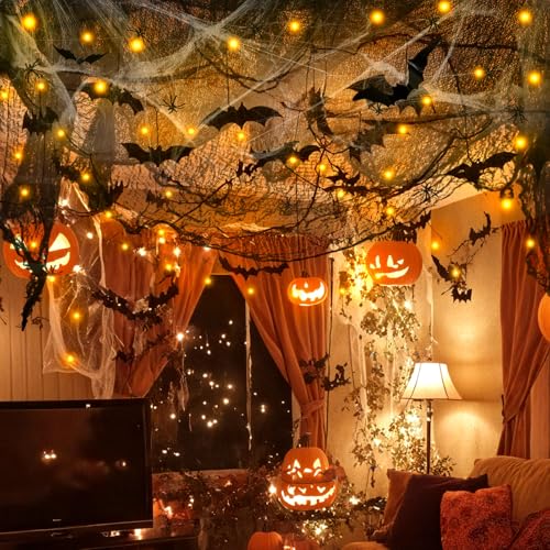 Halloween Spider Web Decorations with 32FT String Lights