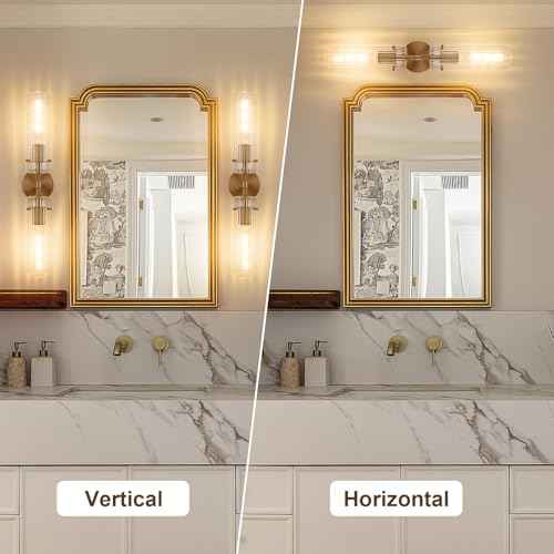 Brass Gold 2 Light Knurled Wall Sconce (Brass-Vertical Striped / 24.4″-1 Pack)