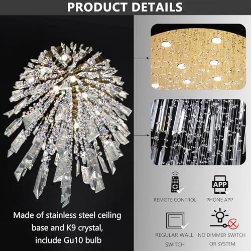 98'' Modern Crystal Chandelier High Ceiling Chandeliers for Entryway Large Raindrop Chandeliers LED Dimmable Flush Mount Light Fixtures for Staircaes Foyer Hallway Living Room LED Bulbs Included Gold (D32'' x H100'' Gold)