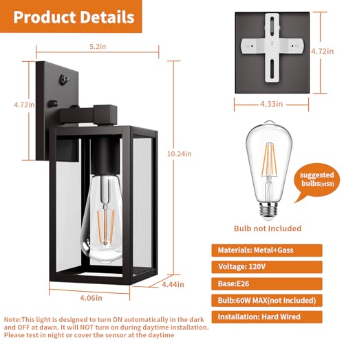 2 Pack Dusk to Dawn Exterior Lighting Fixtures Wall Mount (Black / Small-10.24'')