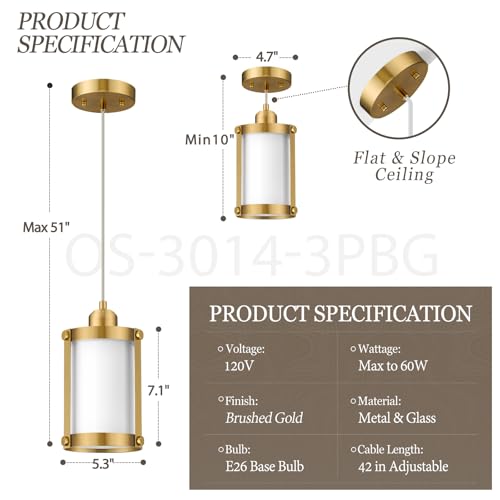 Brushed Gold Pendant Lights Kitchen Islands (Gold + Milk Glass / 1-Light Pendant, 3 Pack)