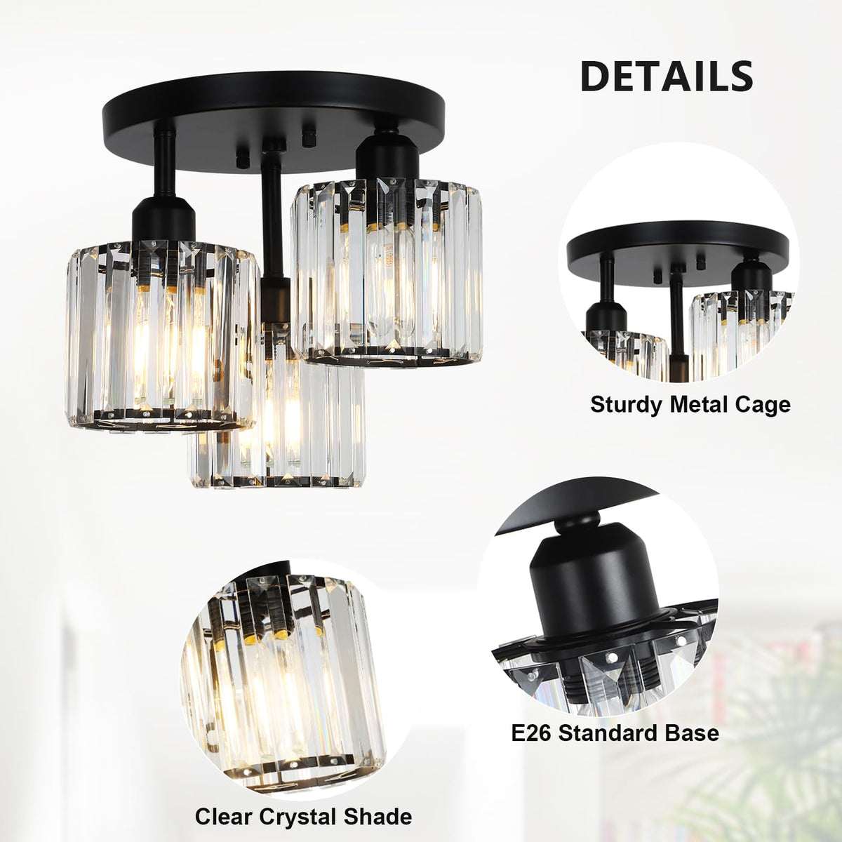 Crystal Semi Flush Mount Ceiling Light (Black-A)