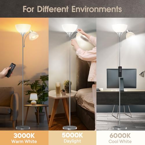 Torchiere Floor Lamp with Remote Control and Adjustable Reading Light (Brushed Nickel)